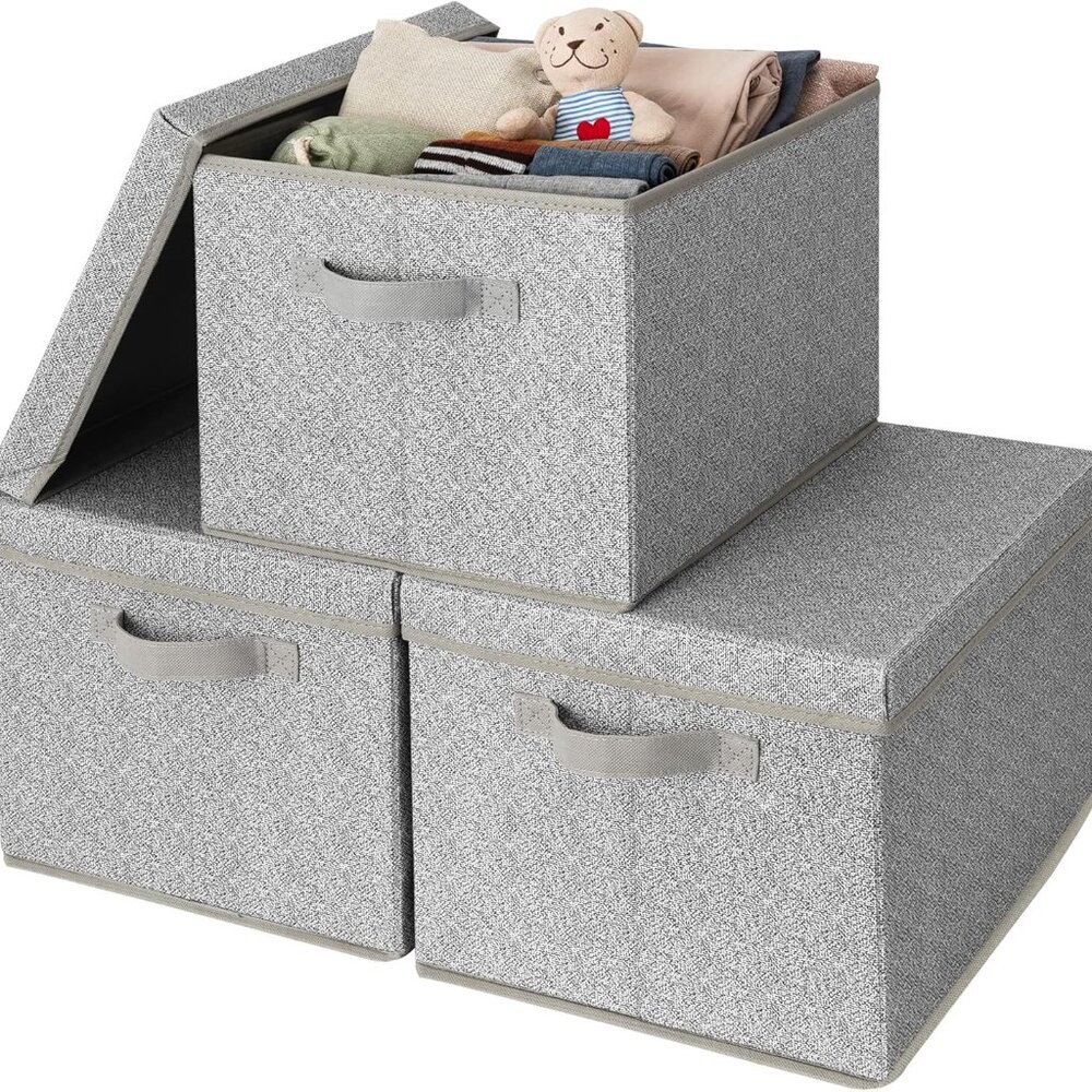 Fabric Boxes with Lids, Storage Bins with Handles, Shelf Bins for Organizing, Ex